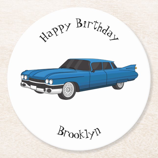 Cool blue 1959 classic car  round paper coaster (Front)
