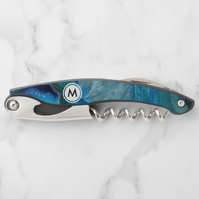 Cool Blue Agate Pattern with Monogram Corkscrew (Front)