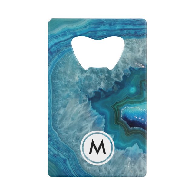Cool Blue Agate Pattern with Monogram Credit Card Bottle Opener (Front)