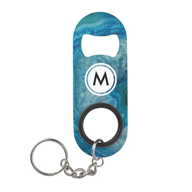 Cool Blue Agate Pattern with Monogram Keychain Bottle Opener (Front)