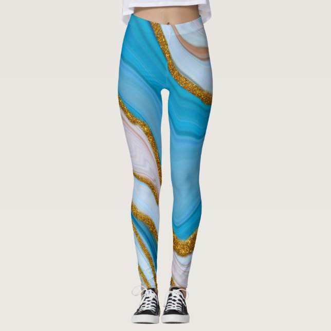 Cool Blue and Gold Marble Look Yoga Leggings (Front)