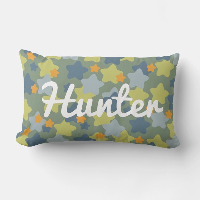 Cool Blue and Green Star Camo Boys Room Lumbar Pillow (Front)