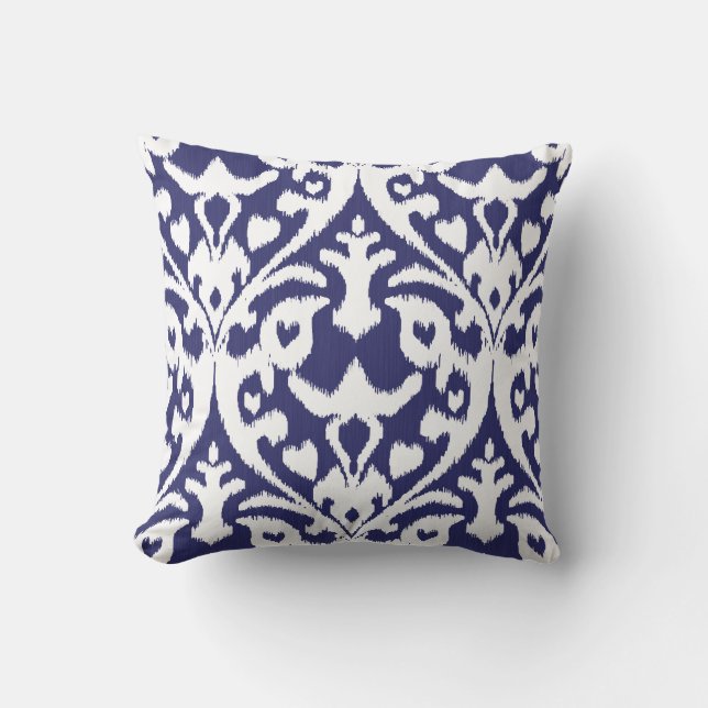 Cool blue and white ikat tribal pattern throw pillow (Front)