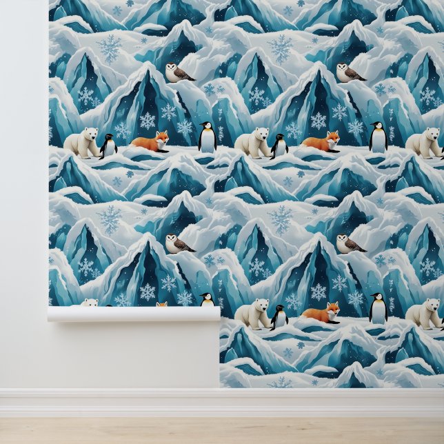 Cool Blue Arctic Scene Self-Adhesive Wallcovering Wallpaper (Application)