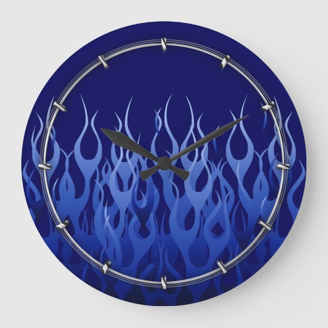 Cool Blue Automotive Racing Flames Large Clock (Front)