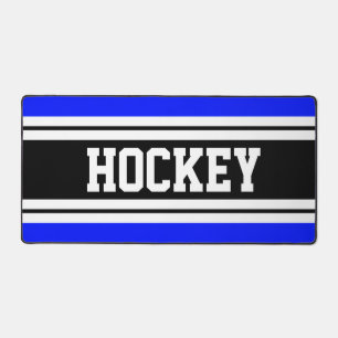 Cool Blue Black White Stripes Sporty HOCKEY Text Desk Mat
