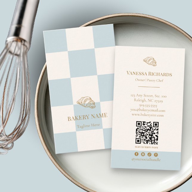 Cool Blue Checkered Cafe Croissant QR Bakery Business Card (Creator Uploaded)