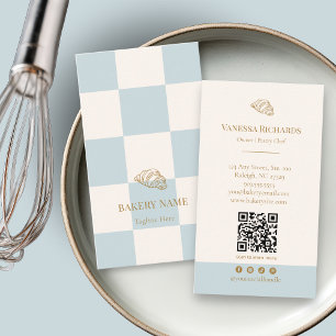 Cool Blue Chequered Cafe Croissant QR Bakery Business Card