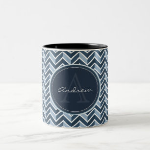 Cool Blue Chevron Pattern Monogram Two-Tone Coffee Mug