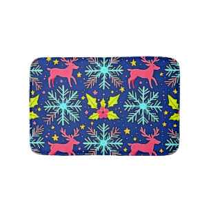Cool Blue Christmas Reindeer Pattern Design Bath Mat