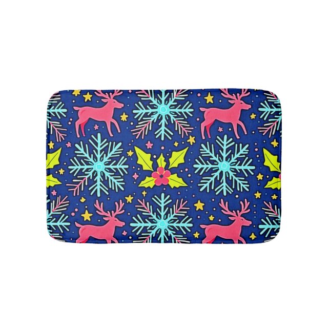 Cool Blue Christmas Reindeer Pattern Design Bath Mat (Front)