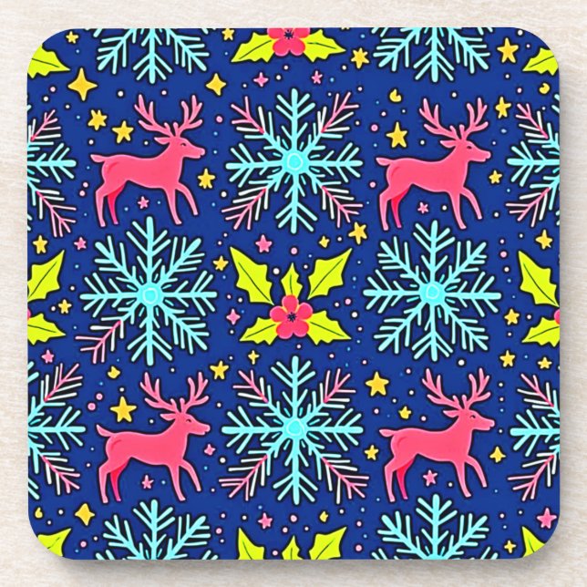 Cool Blue Christmas Reindeer Pattern Design Coaster (Front)