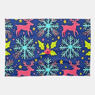 Cool Blue Christmas Reindeer Pattern Design Kitchen Towel