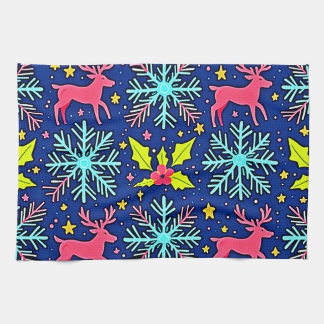 Cool Blue Christmas Reindeer Pattern Design Kitchen Towel (Horizontal)
