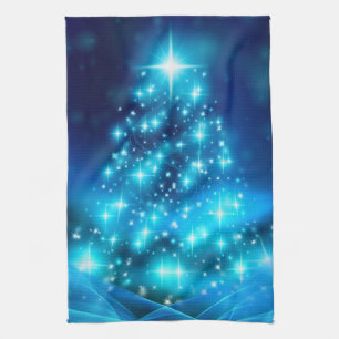 Cool Blue Christmas Tree with Sparkling Lights Kitchen Towel