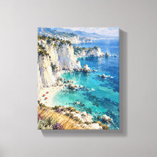 Cool Blue Cliffs with Three Red Umbrellas   Coasta Canvas Print