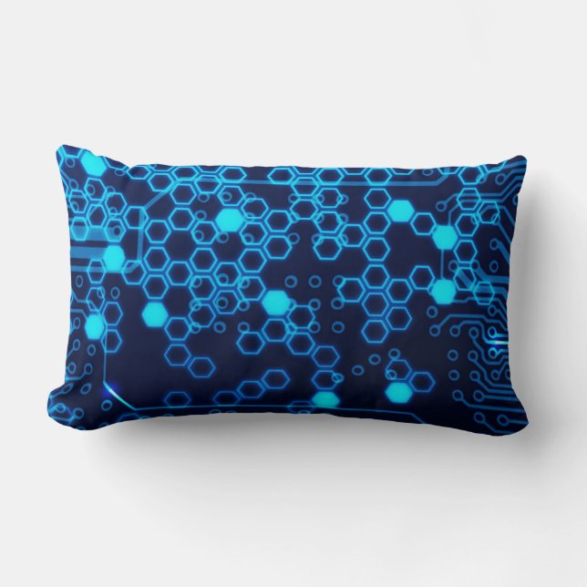 Cool Blue Electronic Circuit Board Hexagon Pattern Lumbar Pillow (Front)