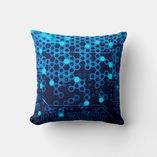 Cool Blue Electronic Circuit Board Hexagon Pattern Throw Pillow (Front)