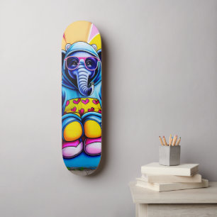 Cool blue elephant with glasses graffiti skateboard