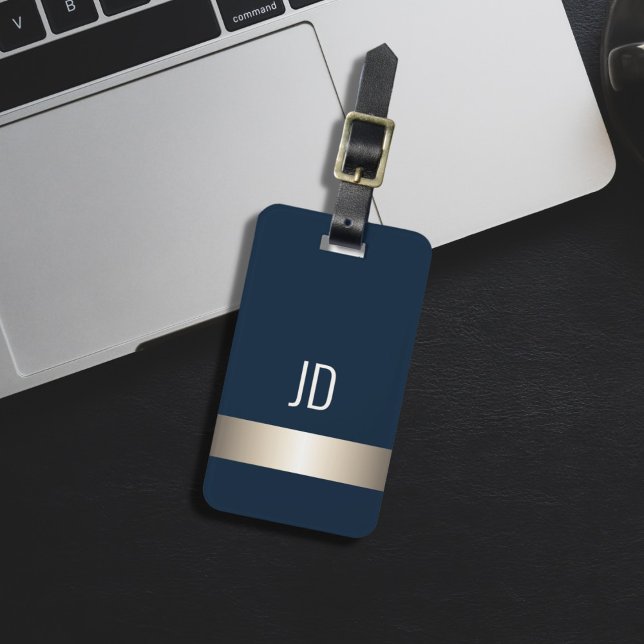 Cool Blue Faux Metal Stripe Monogram Luggage Tag (Creator Uploaded)