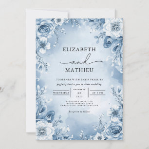 Cool Blue Floral Flourish Wedding Invitation