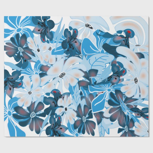 Cool Blue Floral Wrapping Paper Design (Flat)
