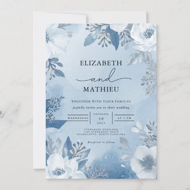 Cool Blue Frost Floral Winter Wedding Invitation (Front)