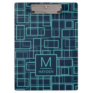 Cool Blue Geometric Grid Pattern Personalised Clipboard
