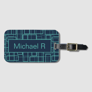 Cool Blue Geometric Grid Pattern Personalised Luggage Tag