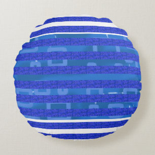Cool Blue Geometric Stripes Round Pillow