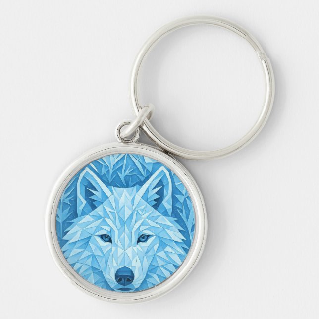 Cool Blue Geometric Wolf Low Poly Abstract Art Keychain (Front)