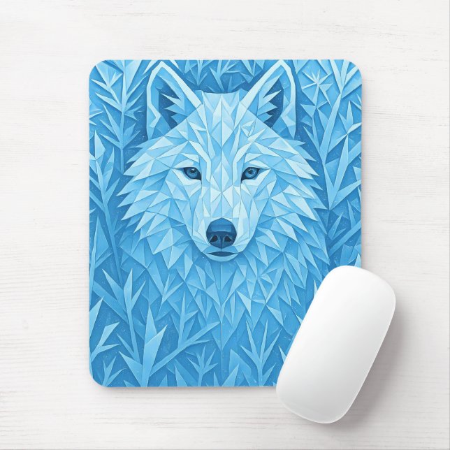 Cool Blue Geometric Wolf Low Poly Abstract Gaming Mouse Pad (With Mouse)