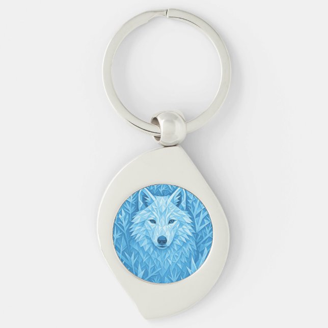 Cool Blue Geometric Wolf Low Poly Abstract Premium Keychain (Front)