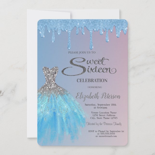 Cool Blue Glitter Drips,Blue Dress Sweet 16   Invitation (Front)