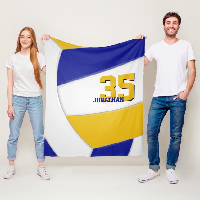 cool blue gold and white ginormous volleyball fleece blanket (In Situ)