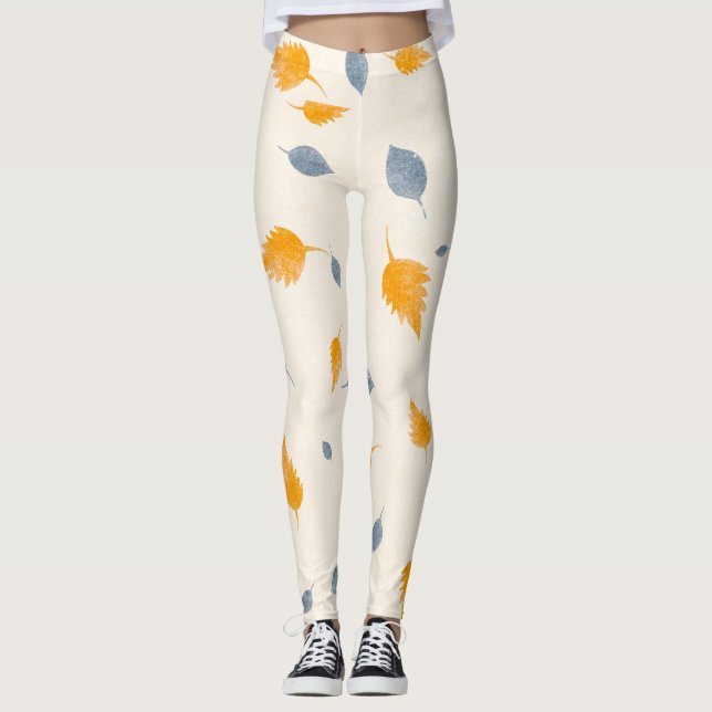 Cool Blue & Golden Yellow Leaves On Cream Leggings (Front)
