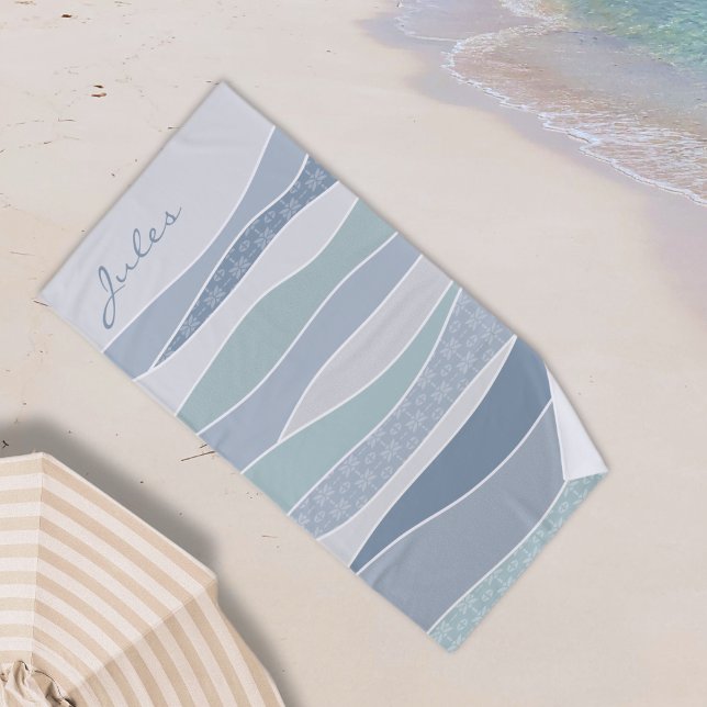 Cool Blue Green Curved Stripes Abstract Waves Name Beach Towel (Creator Uploaded)