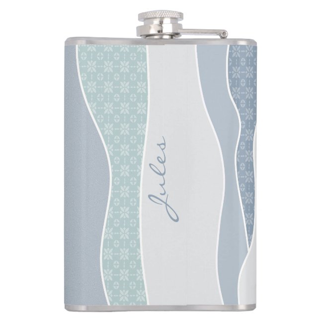 Cool Blue Green Curved Stripes Abstract Waves Name Hip Flask (Back)