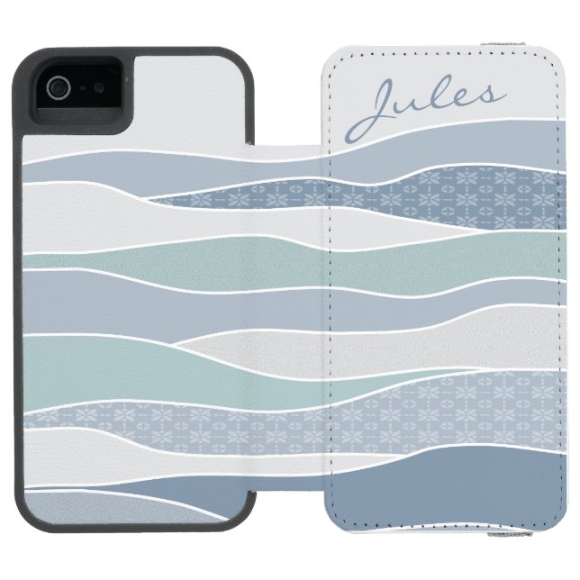 Cool Blue Green Curved Stripes Abstract Waves Name Incipio iPhone Wallet Case (Folio Open)