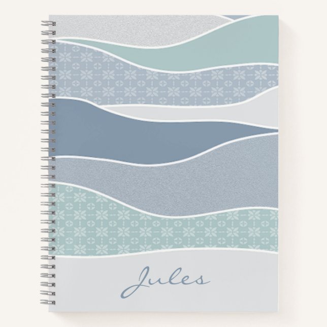 Cool Blue Green Curved Stripes Abstract Waves Name Notebook (Front)