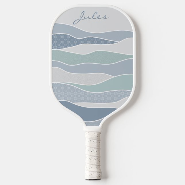 Cool Blue Green Curved Stripes Abstract Waves Name Pickleball Paddle (Front)