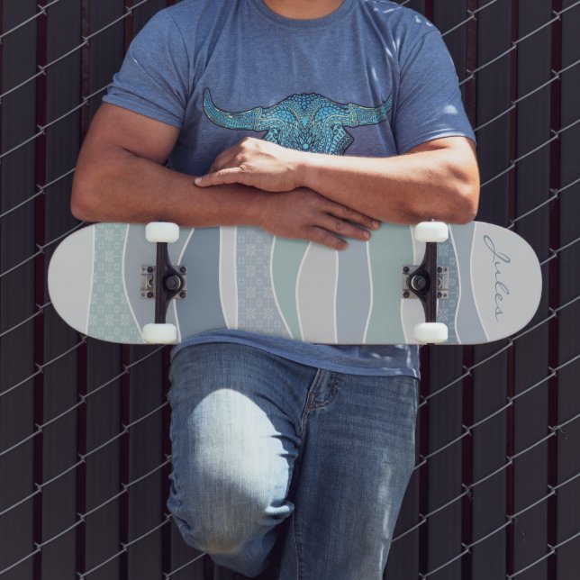 Cool Blue Green Curved Stripes Abstract Waves Name Skateboard (Outdoor 3)