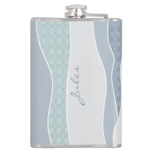 Cool Blue Green Curves Abstract Waves Name Hip Flask