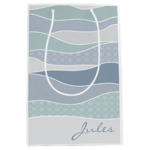 Cool Blue Green Curves Abstract Waves Name Medium Gift Bag