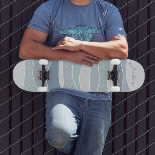 Cool Blue Green Curves Abstract Waves Name Skateboard