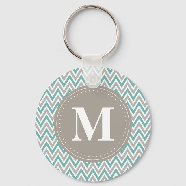 Cool Blue Grey Chevron Pattern Monogram Keychain (Front)
