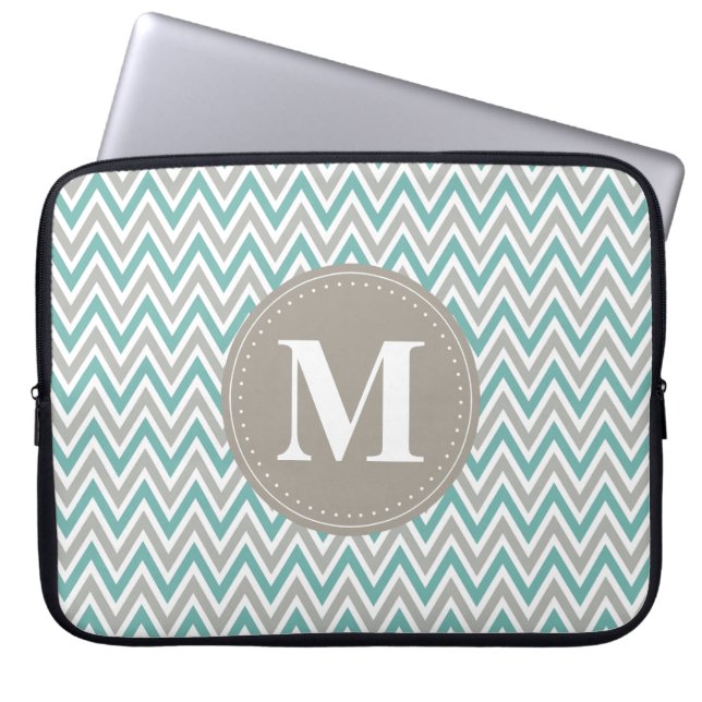Cool Blue Grey Chevron Pattern Monogram Laptop Sleeve (Front)
