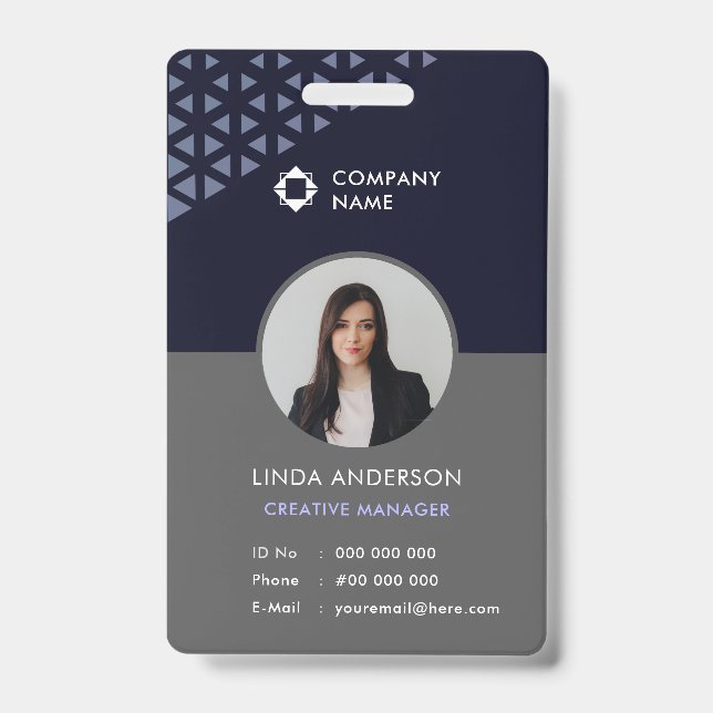Cool Blue Grey Employee Photo ID Geometric Pattern Badge (Front)