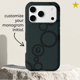 Cool Blue Grunge Cogs & Gears Monogrammed Initial