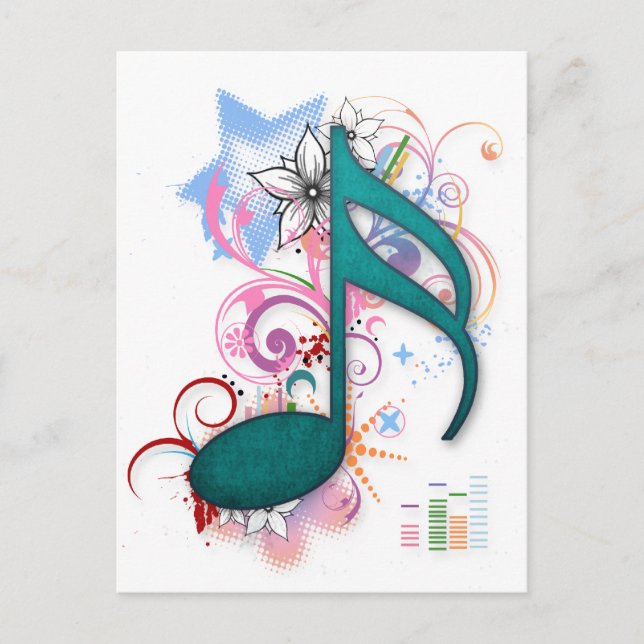 Cool blue grunge music note stars flowers swirls postcard (Front)